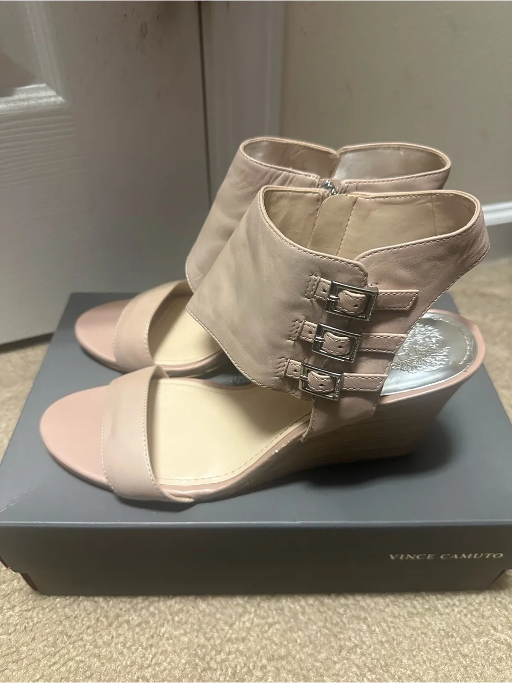 Vince Camuto Blush Nude Triple-Buckle Wedge Sandals